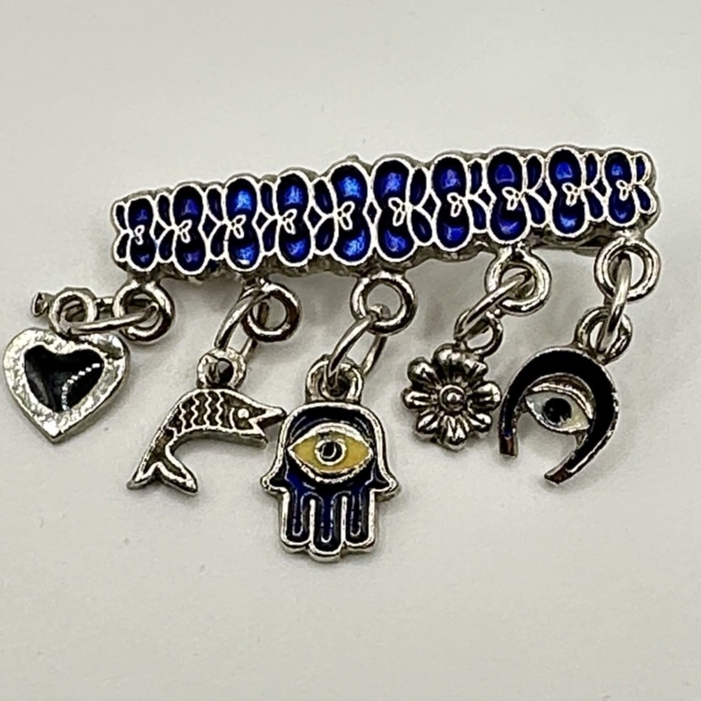 Vintage Silver Tone Brooch Pin Blue Enamel Hamsa Evil Eye Charms Luck Protection - Picture 1 of 10